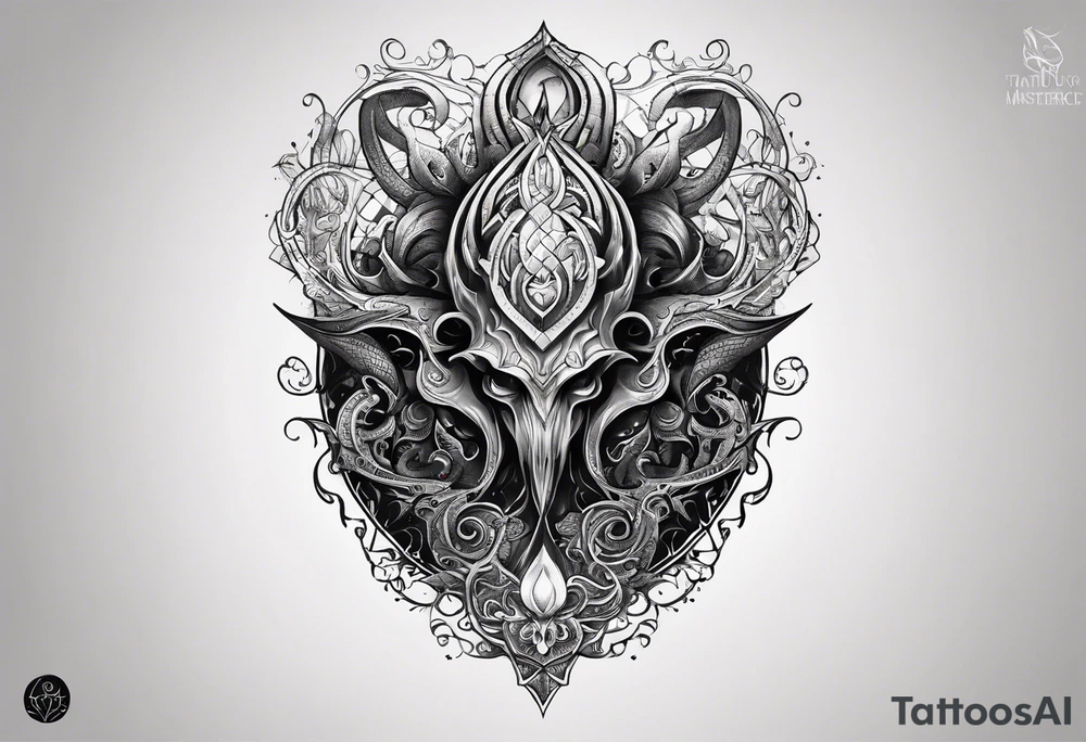Long tattoo for arm. Lovecraftian creature, protecting a heart. Ctulhu. tattoo idea