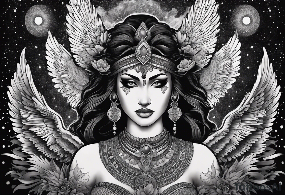 black kali, goddess pirate, alien, angel, pachamama, valkrye, warrior, flying, skull, lotus azul, wing, eagle, zenza resonance, stars, 5D, anahata chakra, death, durga, riding on a tiger, flying lady, kundalini, chest tatoo, samuri, rebel,serpent tattoo idea