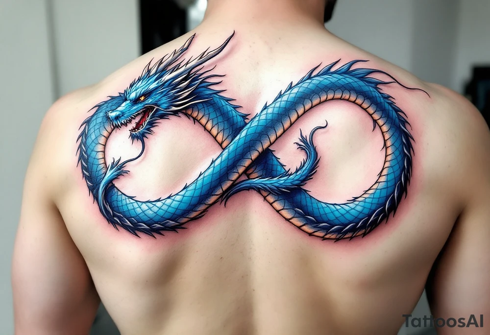 The design features a dragon, coiled in the shape of the infinity symbol (sideways number "8"). The dragon is depicted eating its own tail, symbolizing eternity and continuity, inspired by the Ouroboros.

Details:

The dragon's body has vibrant, glossy blue scales, with a smooth and polished texture.
It maintains a clean, balanced shape in the infinity figure, with sharp details and elegant flow.
Style:

The focus remains on the dragon's form, with no additional background elements to keep the design minimal and modern. tattoo idea