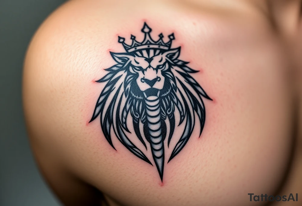 a powerful and majestic lion with a crown and in the middle of this crown , a realistic scorpion, tattoo idea