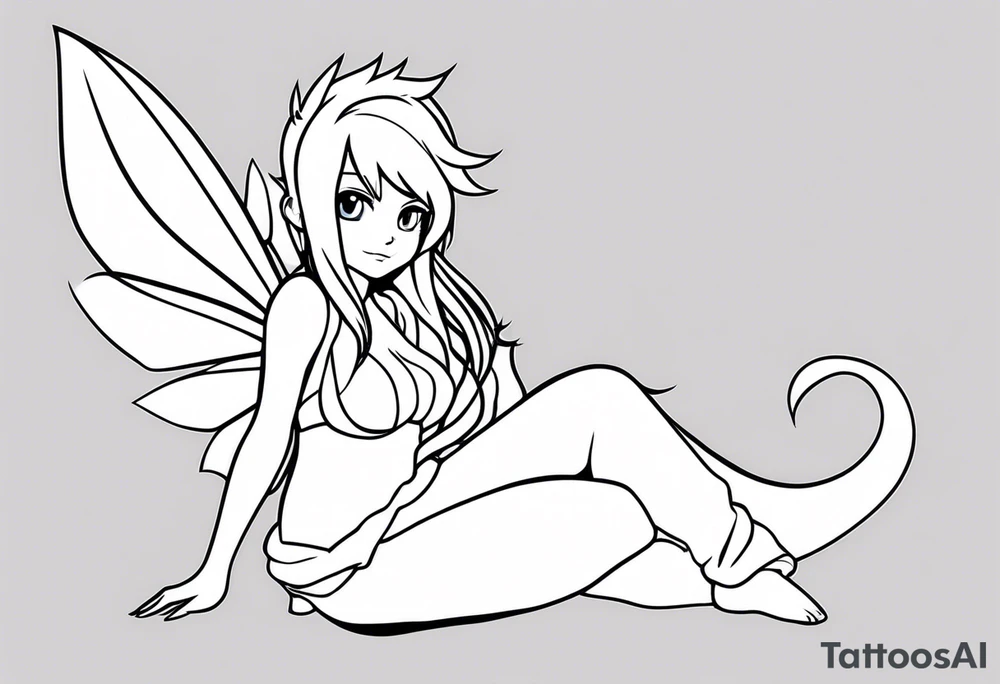A fairy with a tail inspired by the logo of the show called Fairy Tail in a fetal position leaning in tattoo idea