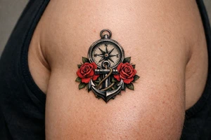 a compass under it an anchor and roses. tattoo idea