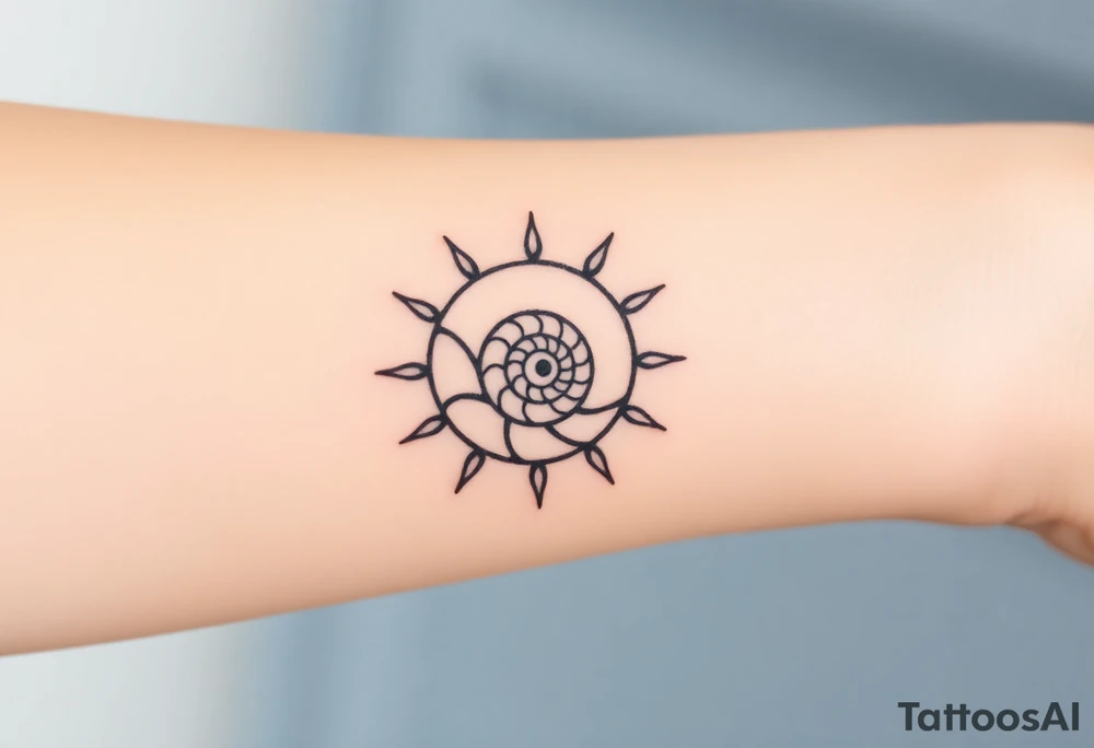 Fibonacci spiral shell inside of painted sun tattoo idea
