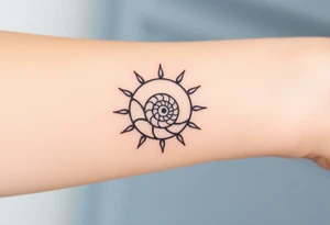 Fibonacci spiral shell inside of painted sun tattoo idea