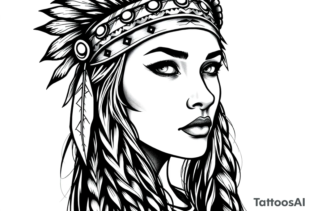 Female Native American with headband side pose tattoo idea