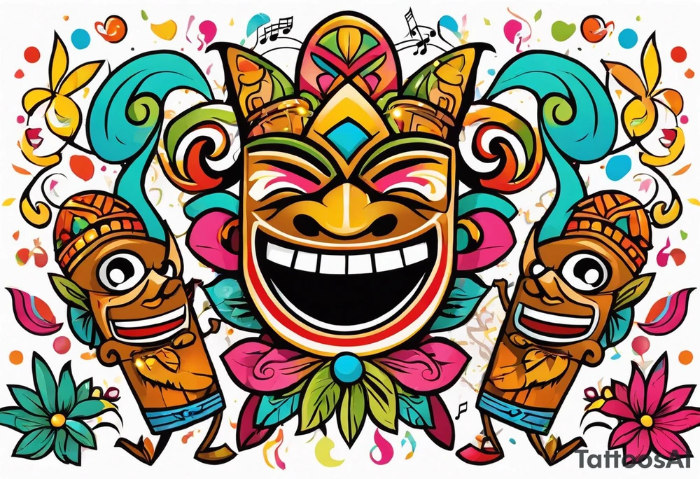 tiki party with dancing tiki guys and sexy tiki girls with music notes and confetti tattoo idea