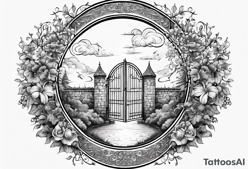 night medieval town garden gate entrance 
 in circle vignette surrounded by clouds floral tattoo idea