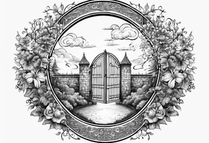 night medieval town garden gate entrance 
 in circle vignette surrounded by clouds floral tattoo idea