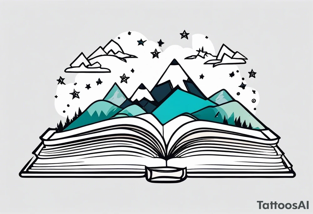 Open book with stars and mountains in a cartoon minimalistic design. Incorporate sushi rolls subtly tattoo idea