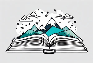 Open book with stars and mountains in a cartoon minimalistic design. Incorporate sushi rolls subtly tattoo idea
