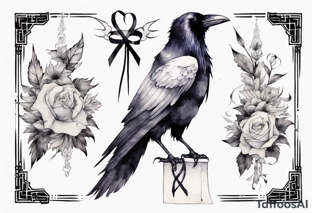 raven wearing a white ribbon tied around leg tattoo idea