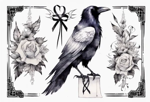 raven wearing a white ribbon tied around leg tattoo idea