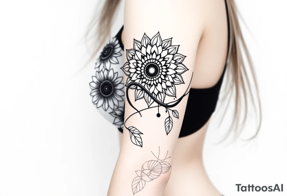 Dainty Bohemian stylized sunflowers growing along an infinity symbol shaped vine with a mandala in the background tattoo idea