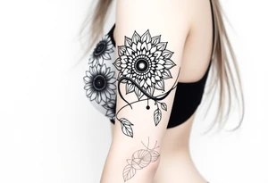 Dainty Bohemian stylized sunflowers growing along an infinity symbol shaped vine with a mandala in the background tattoo idea
