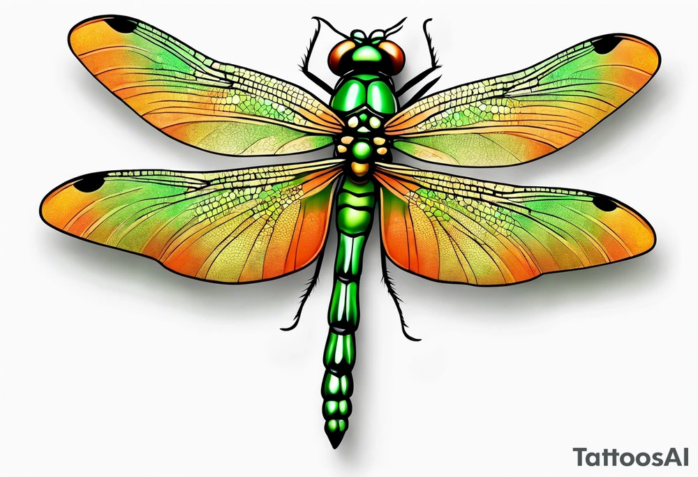 green and orange dragonfly on a twig tattoo idea