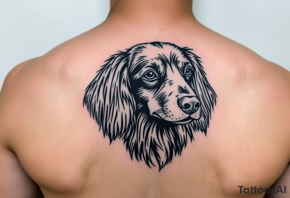 Outline sketch of a long haired dachshund head without eyes just the outline tattoo idea