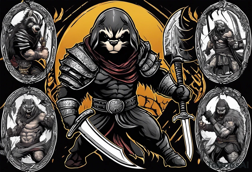 Draw me psychopath Honey Badger/Berserker with aggressive full body, killer face with a scary smile, very long nails and he attacks like a Bloody Assassin/Warrior/Gladiator to us and also, he has very deadly looking. He fights with his nails. Everybody scares after their first sight. Give me horror type Badger Tattoo. I want to see his Realistic full body. tattoo idea
