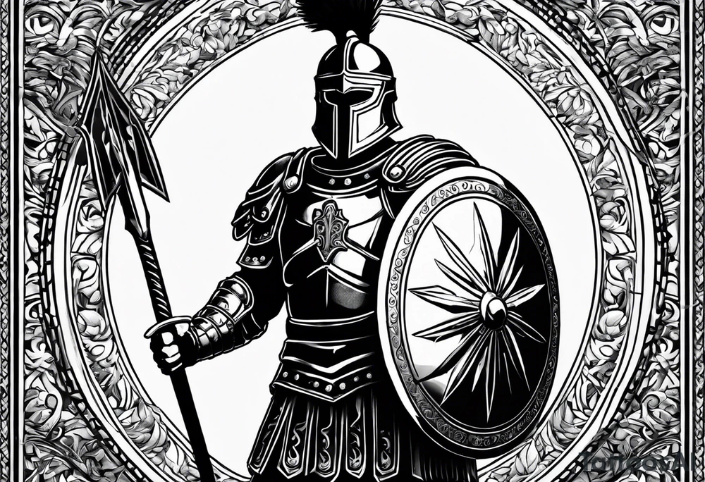 high quality black and white illustration, full body image, a strong tall roman centurion, wearing armour, wearing a belt, wearing a metal breastplate, holding a large shield, wearing a helmet, holding a sword. Flaming arrows are being fired at the centurion, he is blocking the arrows with his shield tattoo idea