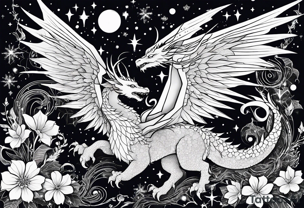 Constellation, wing , snow , cross , dragon female japan kawaii , flower tattoo idea