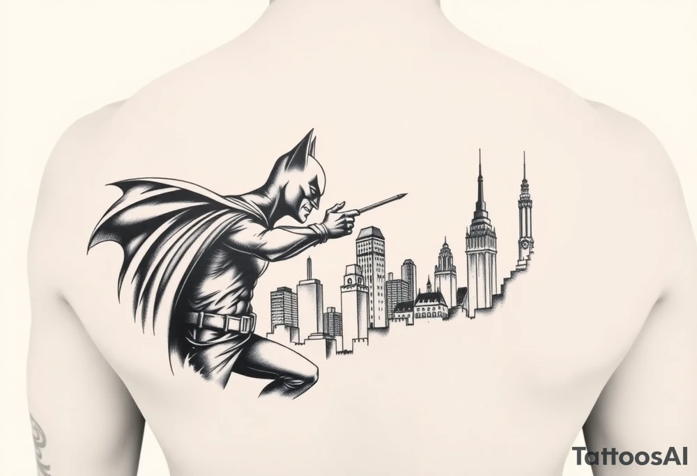 Large format batman and joker fighting in Gotham with buildings tops and bat signal light detailed tattoo idea