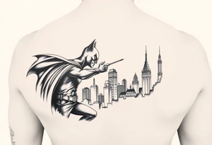 Large format batman and joker fighting in Gotham with buildings tops and bat signal light detailed tattoo idea