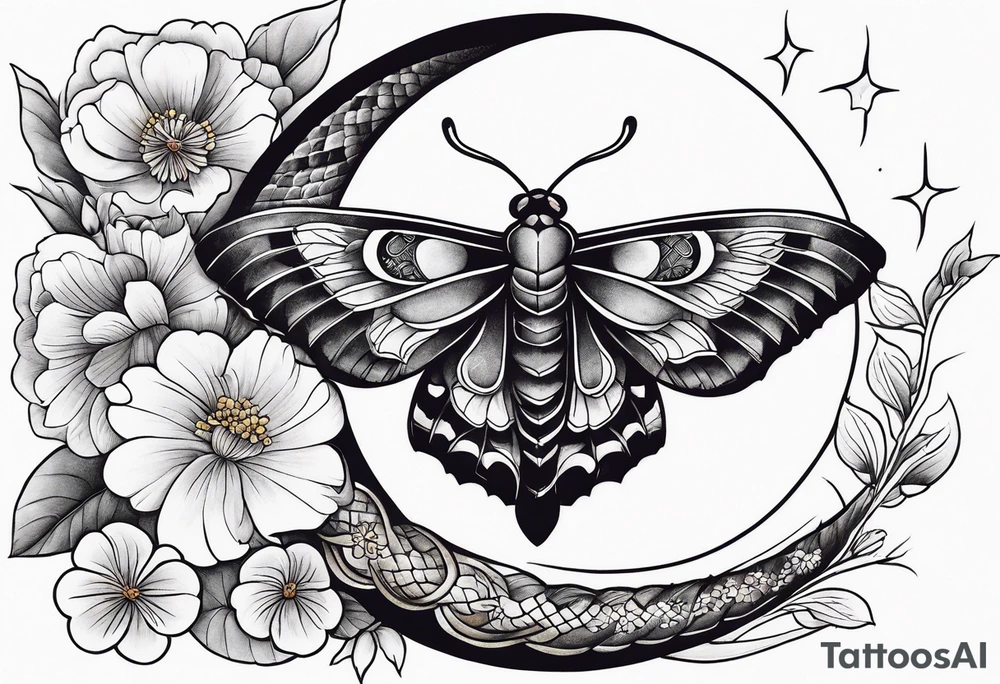 Moth, moon, snake, flowers tattoo idea