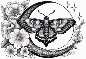 Moth, moon, snake, flowers tattoo idea