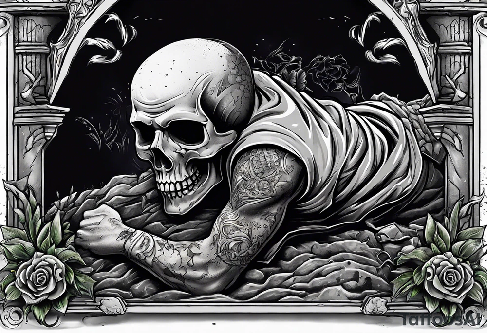 Man crawling out of grave. 
MIW Reincarnate written on gravestone tattoo idea