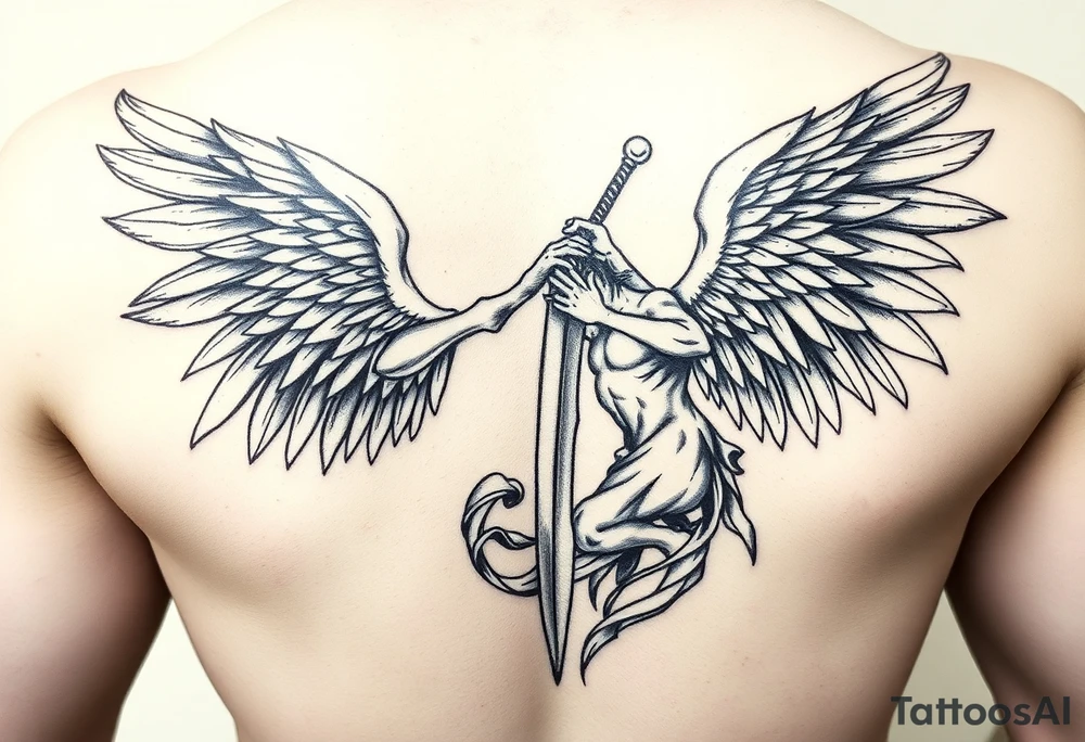 I want an archangel fighting with sword tattoo idea