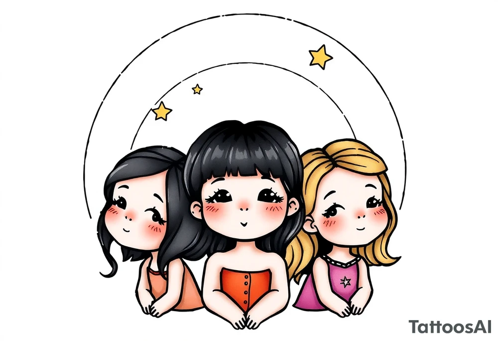 3 petites filles ( une cheveux noir et deux blondes)
sous un arc en ciel incomplet tattoo idea