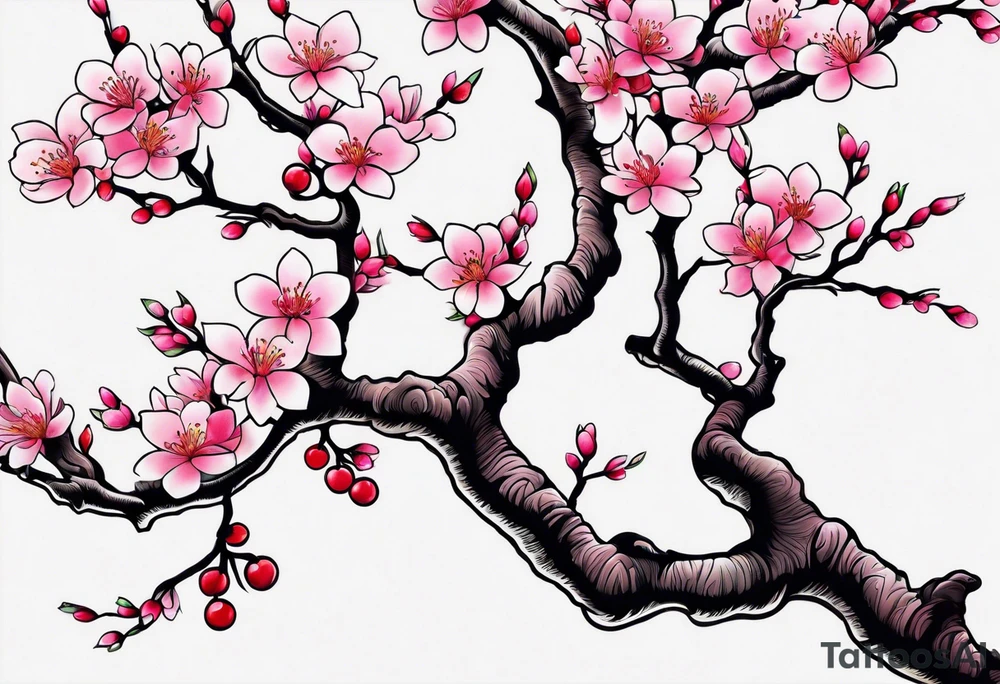 A foot tattoo of colorful cherry blossoms on a pink branch tattoo idea