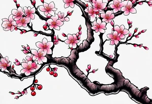 A foot tattoo of colorful cherry blossoms on a pink branch tattoo idea