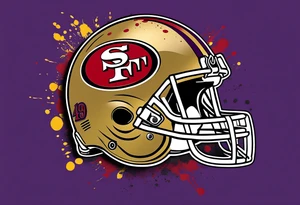 san Francisco 49er logo with Kobe Bryant mamba logo in purple and yellow a little hidden under the San Francisco logo with paint splatter of both team colors lightly behind each logo tattoo idea