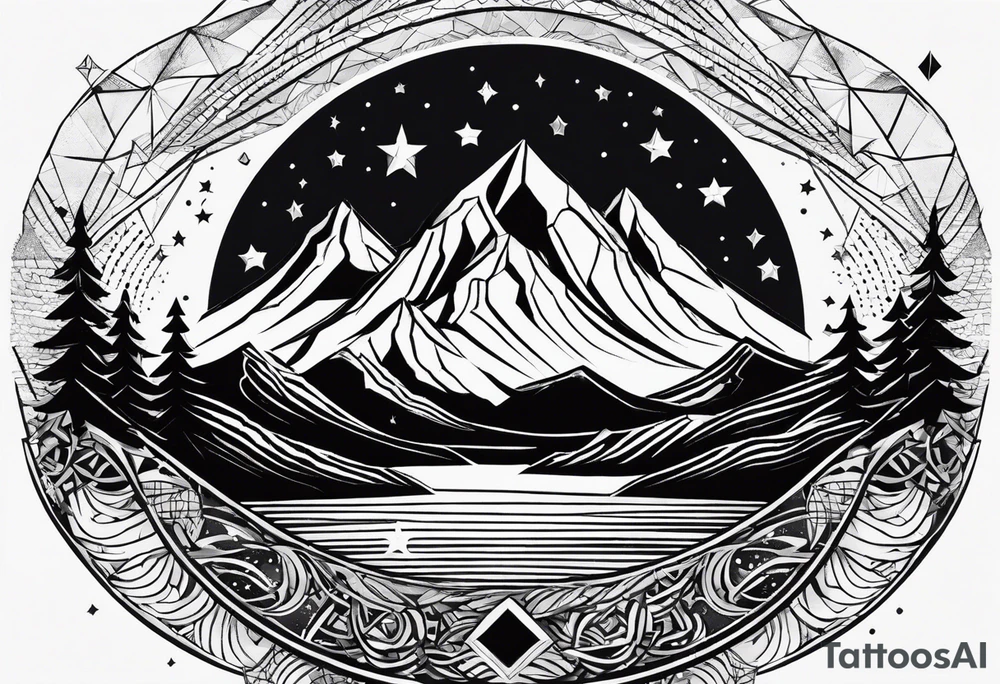 Mountain Massif, one Peak, only peak surrounded woth semi circle dashed Line, in semi circle two littel fine Stars, waves overlapping in Side, Open geometrical Forms Like Diamond with Open lines tattoo idea