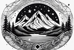 Mountain Massif, one Peak, only peak surrounded woth semi circle dashed Line, in semi circle two littel fine Stars, waves overlapping in Side, Open geometrical Forms Like Diamond with Open lines tattoo idea