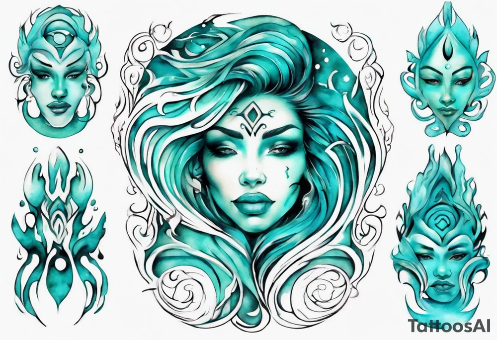 a beautiful turquoise face in an ocean wave tattoo idea