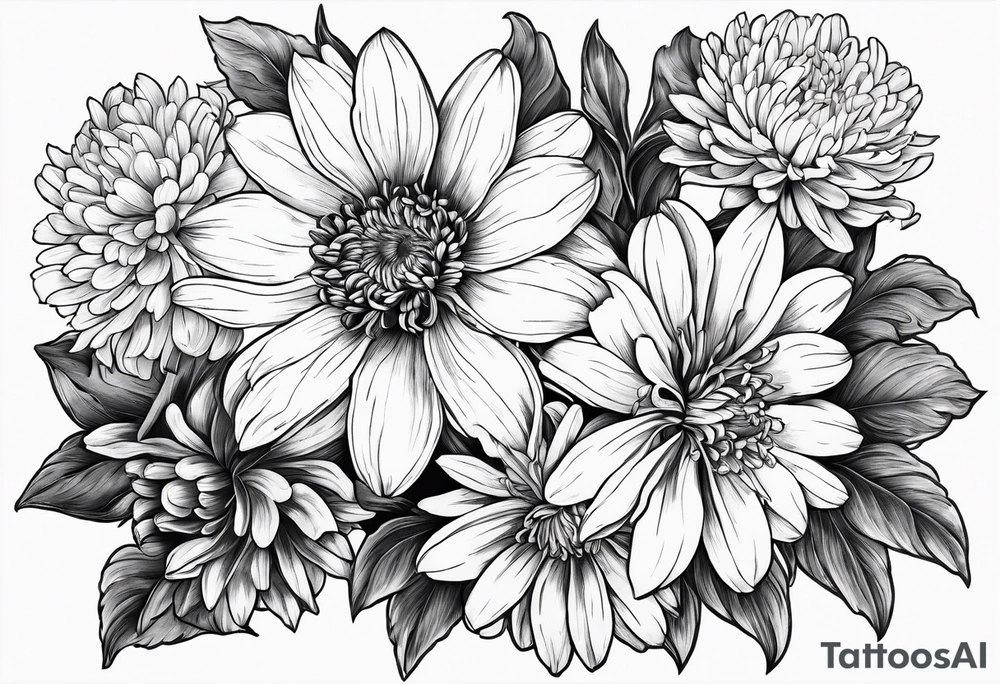 Flowers: marigold, chrysanthemum, narcissus tattoo idea