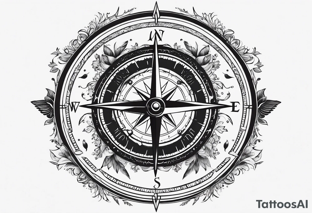 Simple compass with three black birds flying by north tattoo idea Simple compass with three black birds flying by north tattoo idea