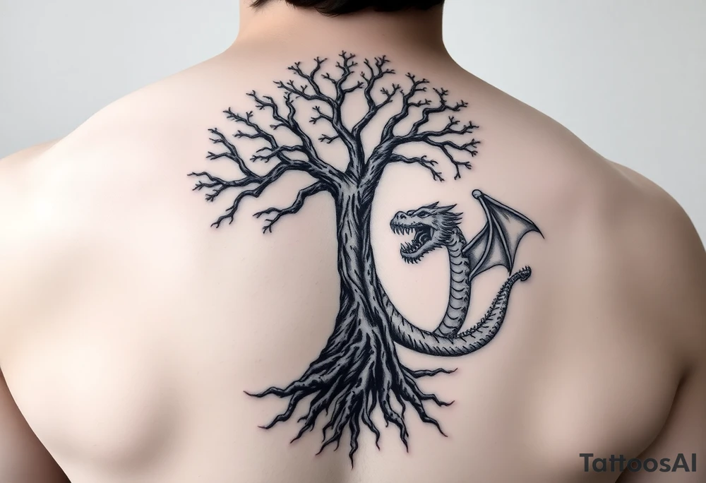 tree of life with roots absorbing a dragons tale while the dragon eats the tree tattoo idea