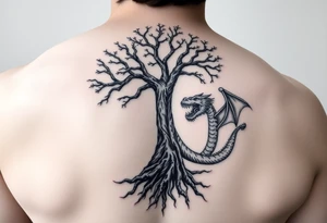 tree of life with roots absorbing a dragons tale while the dragon eats the tree tattoo idea