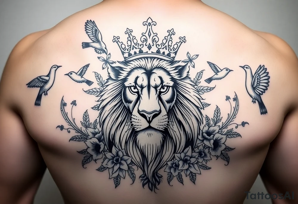 powerful majestic lion with a crown, surrounded by floral ornaments and birds tattoo idea