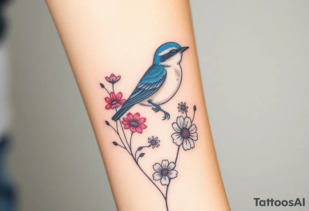 Bluebird with wild flowers around it tattoo idea