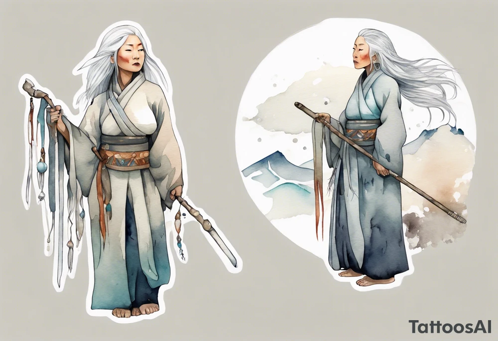 a solitary Inuit woman with long white hair holding onto a silver staff tattoo idea