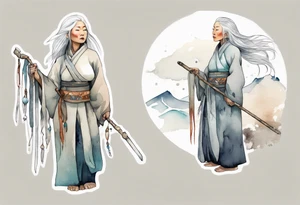 a solitary Inuit woman with long white hair holding onto a silver staff tattoo idea