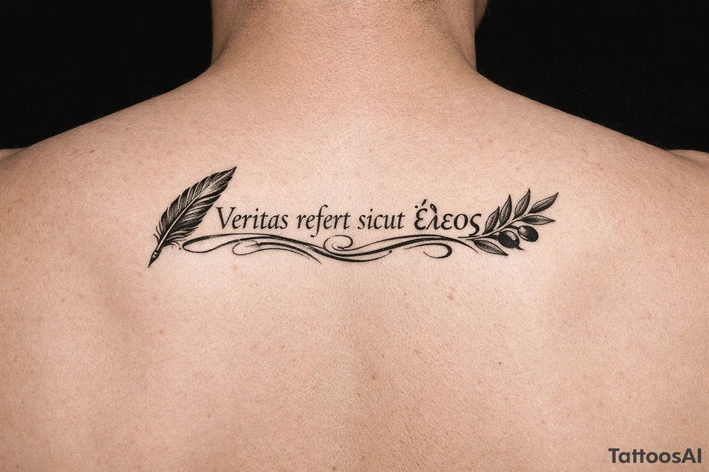 Veritas refert sicut ἔλεος on mid right back with a delicate but clear quill at the beginning and an olive branch at the end and there should be Elegant curvature as a vibe tattoo idea