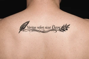 Veritas refert sicut ἔλεος on mid right back with a delicate but clear quill at the beginning and an olive branch at the end and there should be Elegant curvature as a vibe tattoo idea