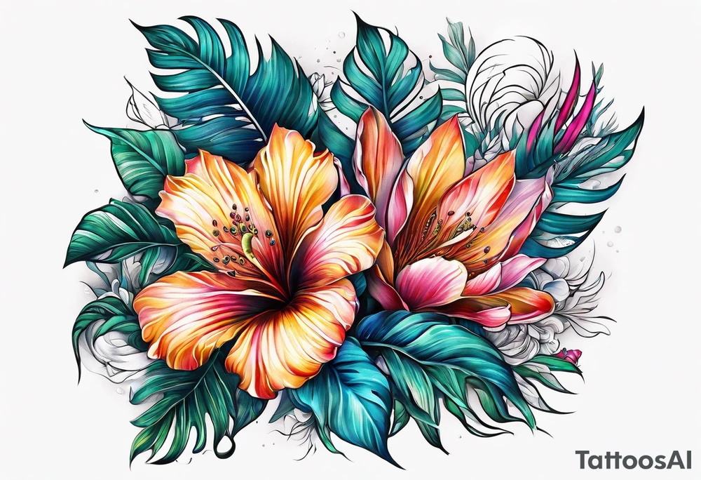 sea, flower, palm tattoo idea