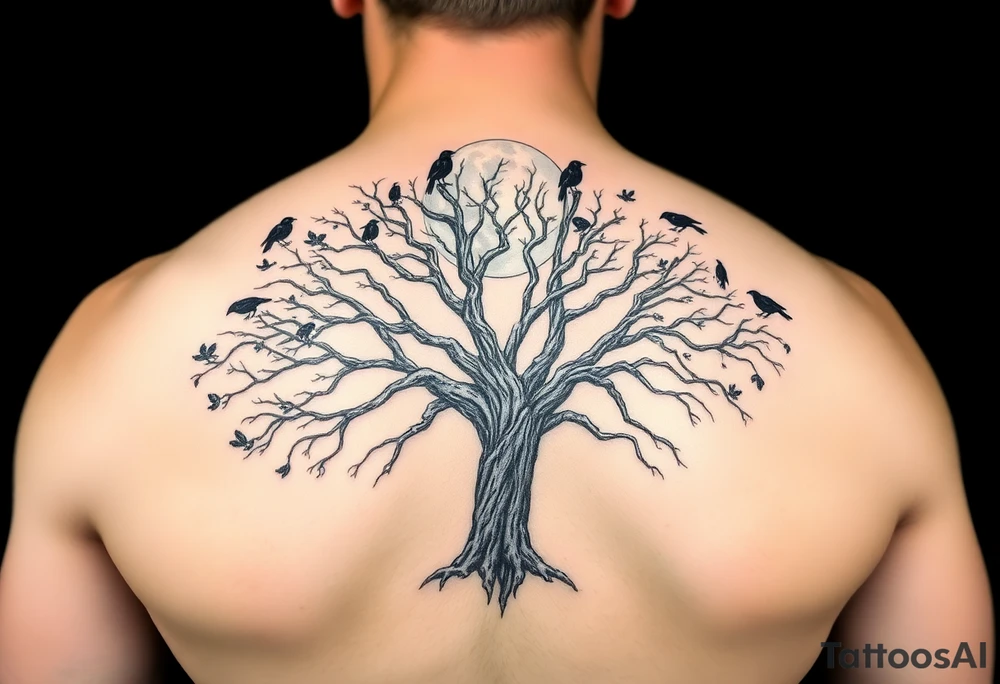 A very realistic, large tree of life that is bare with lots of crows above it a moon that’s behind the whole thing and two Viking hatches that would go across my shoulder blades. This is a backpiece. tattoo idea