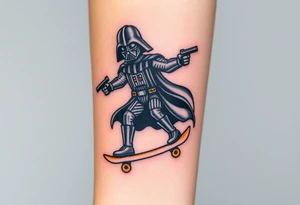 Darth Vader skateboarding with gun> bullets > memorial > god > colors > futuristic/space/star wars
add name "Darth Carter" on skateboard
add date 12/29/88-01/06/24 tattoo idea