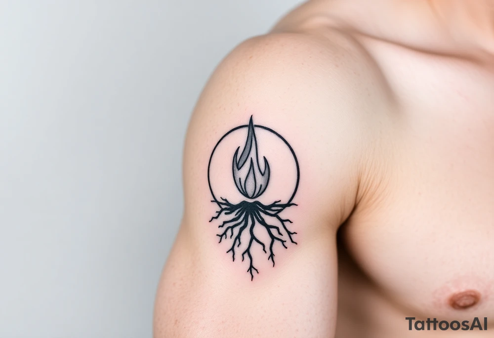 a flame imprisoned in roots circle tattoo idea
